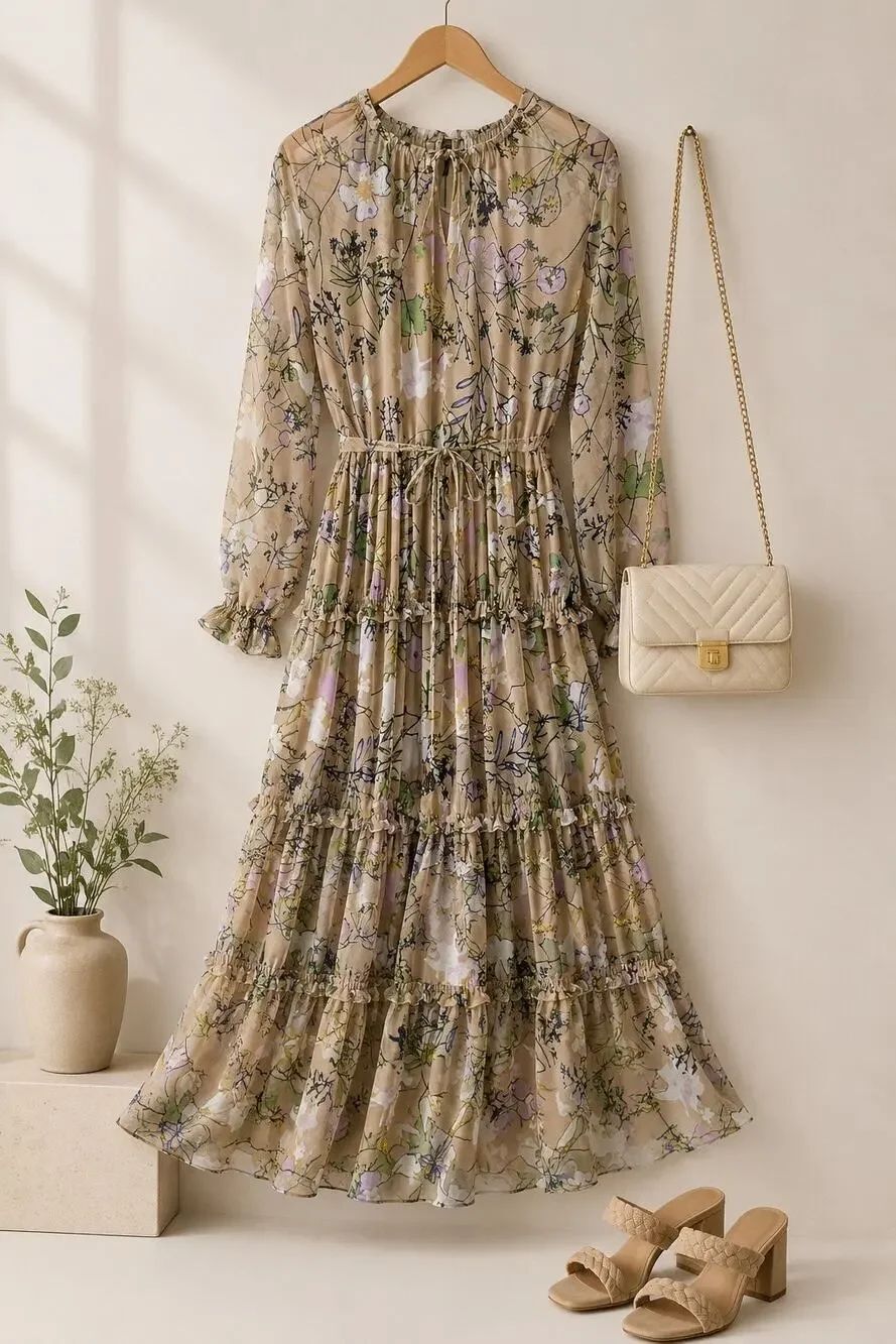 Halogen Floral Tiered Boho Maxi Dress Chiffon Prairie Dress Cottagecore Romantic
